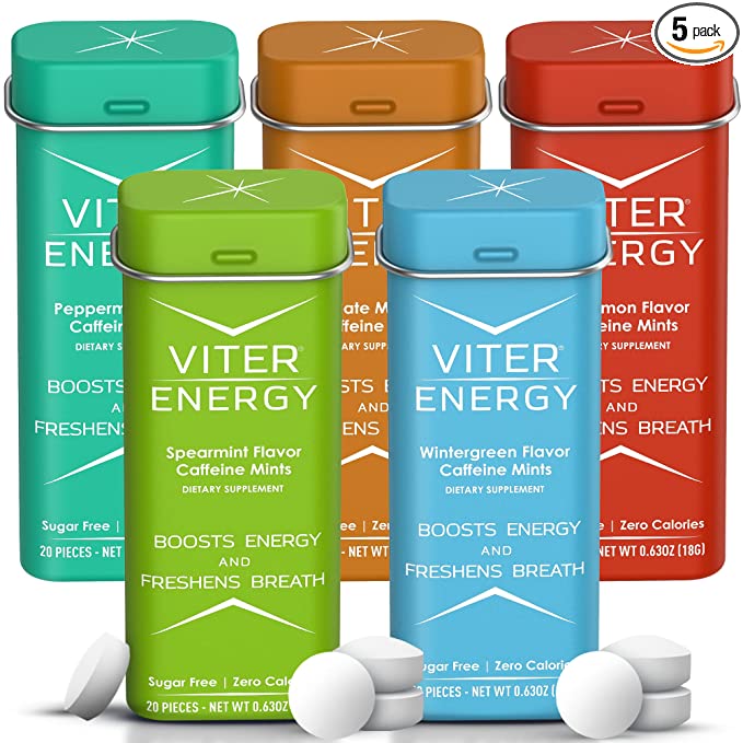 VTER ENERGY CAFFEINED MINTS 5 FLAVOUR VARIETY PACK 40MG CAFEINE 2 ENERGY MINTS REMPLACEZ 1 CAFE